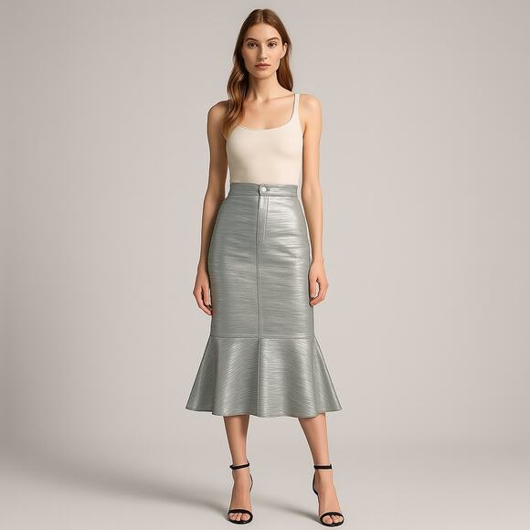 RETROFETE Trumpet Mermaid Skirt Blue Gold Metallic Pockets Zip Club Medium NEW - Picture 2 of 12